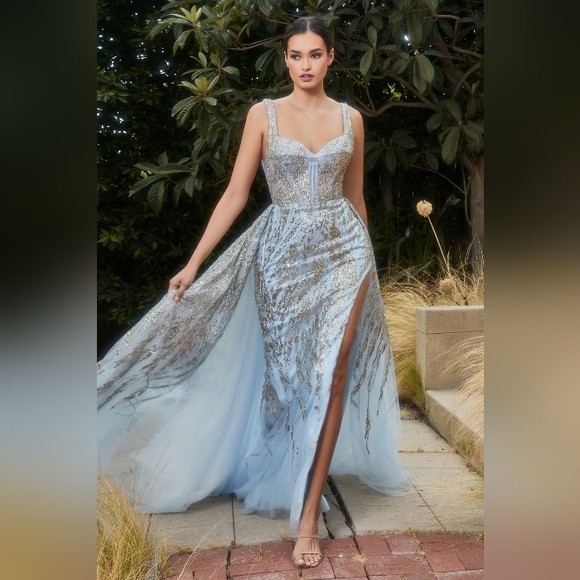 Champagne gold or blue gold fitted glitter new long gown with wrap skirt - Picture 8 of 12